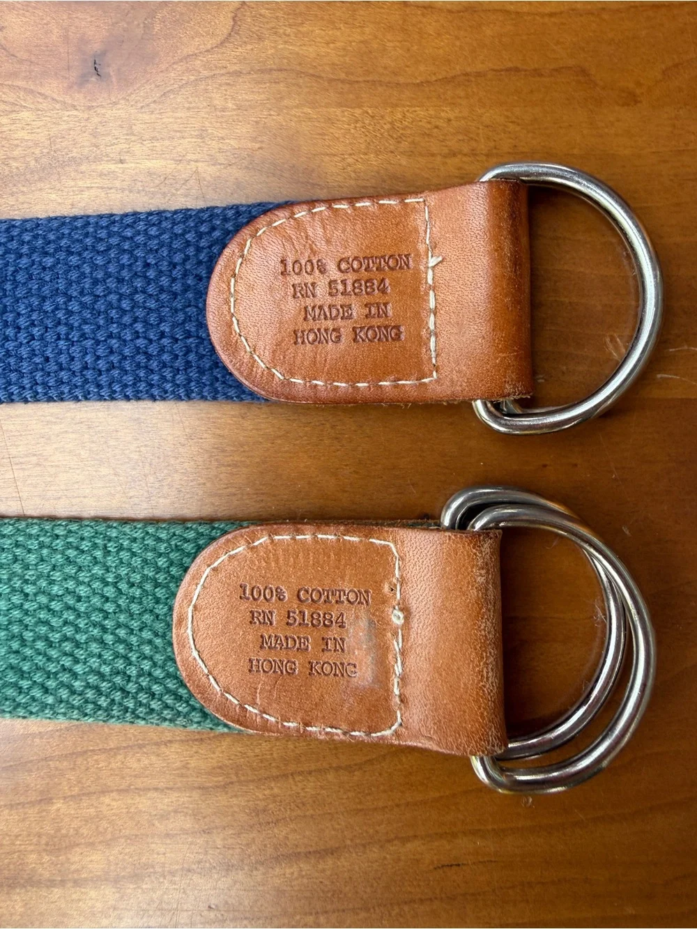 Set of 2 Patagonia Cotton Canvas D-Ring Belt Navy & Green Leather Trim GORPCORE